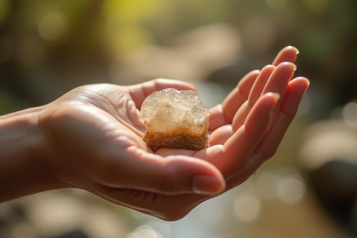 Mano sosteniendo una geoda de cuarzo en un entorno natural al aire libre