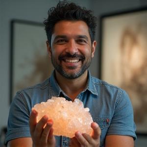 Javier García, artista, sonriendo mientras sostiene un cristal de cuarzo grande en las manos.
