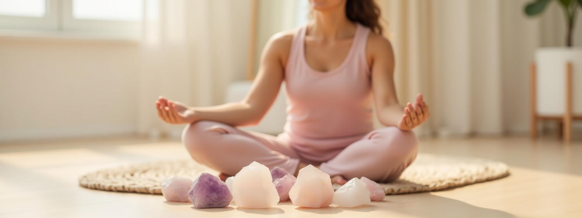 Persona meditando pacíficamente junto a una armoniosa composición de cristales de cuarzo rosa y amatista.