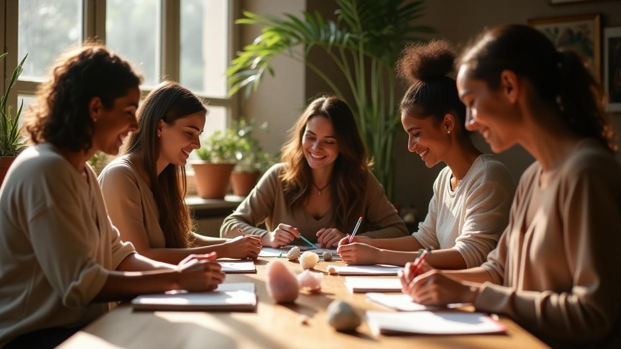 Participantes en un taller de cristaloterapia, interactuando con diversos cristales y materiales educativos en una mesa bien iluminada.