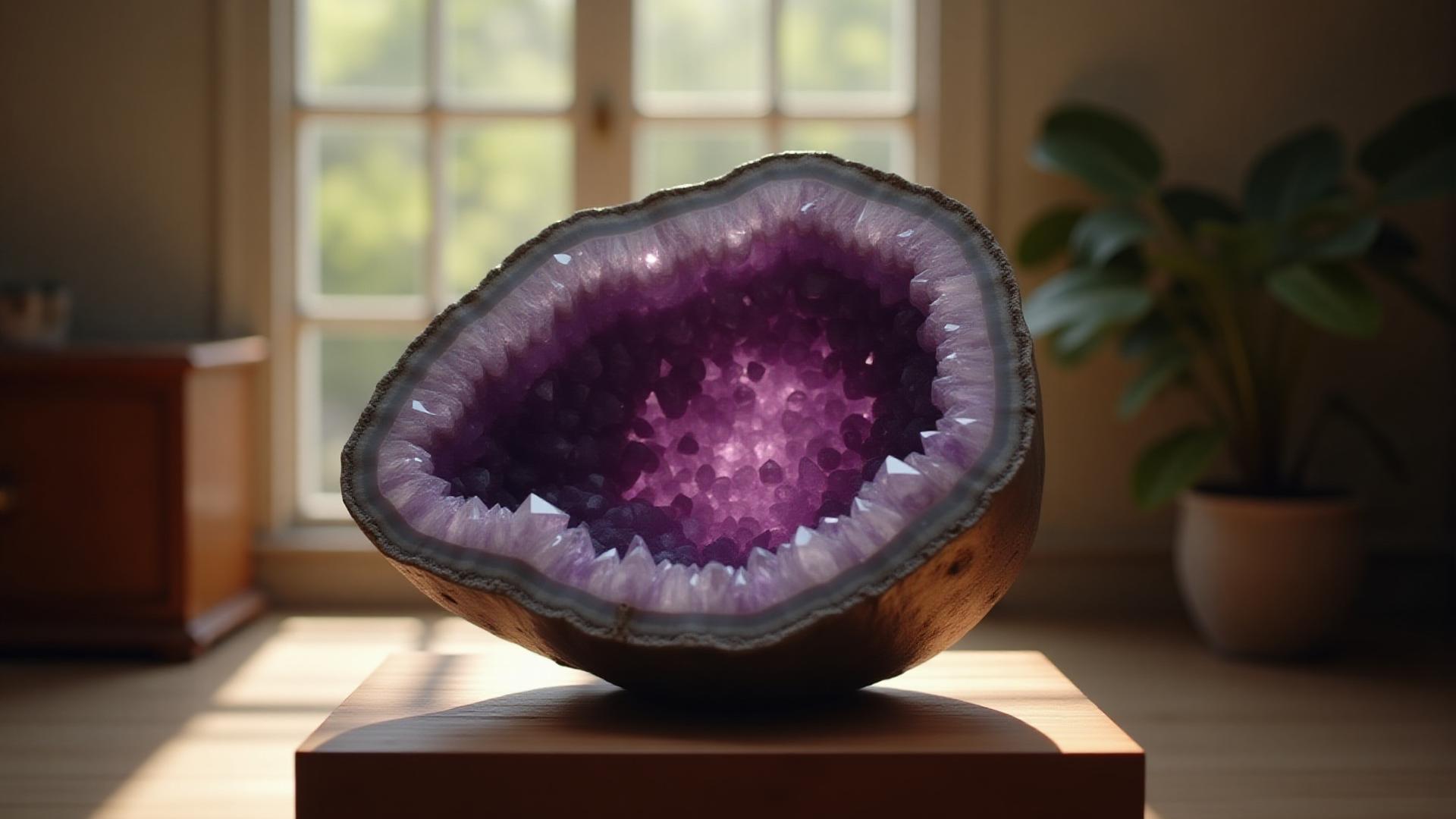 Un cristal de amatista facetado reflejando la luz, en un ambiente etéreo.