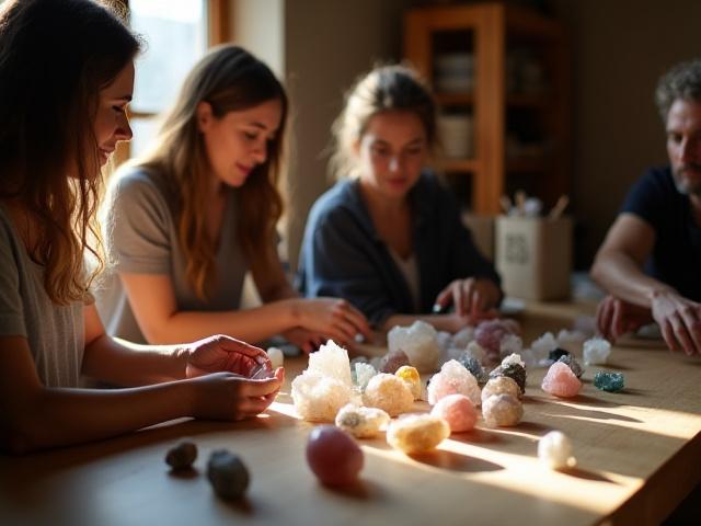 Grupo de personas concentradas en un taller, manipulando cristales y herramientas de pulido.
